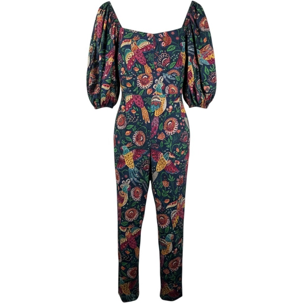 Farm Rio Tropical Birds Jumpsuit Parrots Floral Puff Sleeve Square Neck Womens L